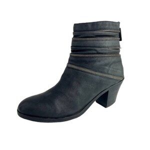 Eileen Fisher Black Washed Leather Heeled Boots Crowned Zip Trimmed